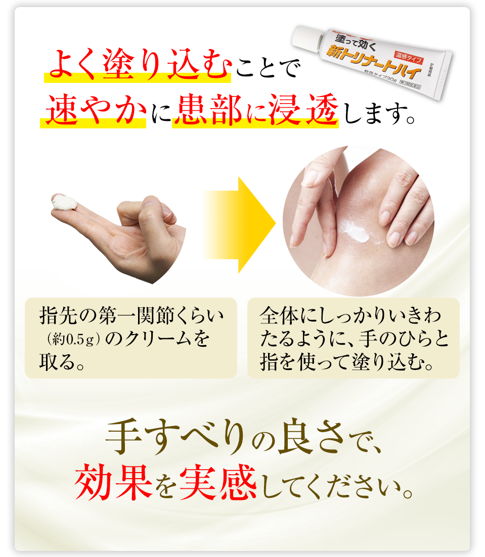 よく塗り込むことで速やかに患部に浸透します。指先の第一関節くらい（約0.5g）のクリームを取る。全体にしっかりいきわたるように手のひらと指を使って塗り込む。手すべりの良さで、効果を実感してください。